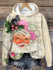 Jolly Pink Santa Music Roses Print Casual Hoodie