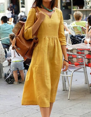 Solid-color V Neck Loose Plus Size Midi A-Line Dresses