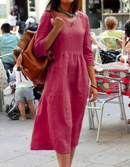 Solid-color V Neck Loose Plus Size Midi A-Line Dresses