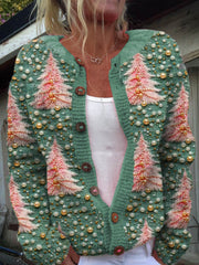 Lovely Christmas Tree Art Print Buttoned Cardigan Sweater
