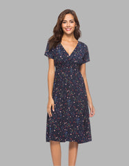 Deep V Bohemian Floral Printed Short Sleeve Long A-Line Dresses