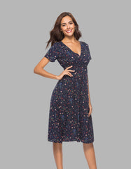 Deep V Bohemian Floral Printed Short Sleeve Long A-Line Dresses