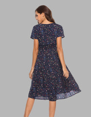 Deep V Bohemian Floral Printed Short Sleeve Long A-Line Dresses