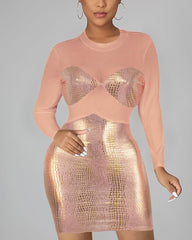 Metallic Snakeskin Print Sheer Mesh Long Sleeve Dress