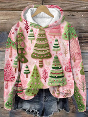 Women's Christmas Pink Christmas Tree Print Hoodie