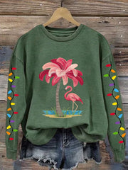 Christmas Flamingo Print Crewneck Sweatshirt