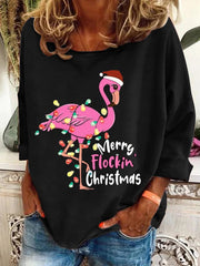 Christmas Flamingo Print Crew Neck Sweatshirt