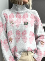 Christmas Bow Art Print Knit Turtleneck Pullover Sweater