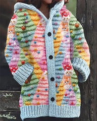 Christmas Tree Cat Embroidery Print Casual Hooded Cardigan
