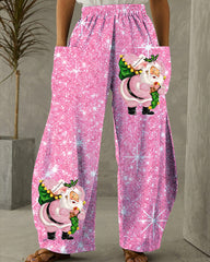 Pink Christmas Santa Print Loose Pants