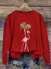 Florida Merry Christmas Flamingo Palm Tree Print Crew Neck Pullover