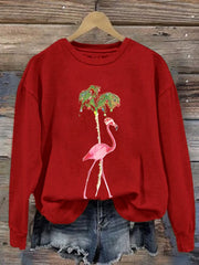 Florida Merry Christmas Flamingo Palm Tree Print Crew Neck Pullover