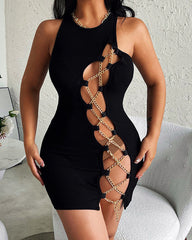 Chain Lace Up Hollow Out Bodycon Mini Dress