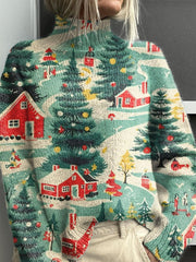 Lovely Christmas Tree Art Print Knit Turtleneck Pullover Sweater