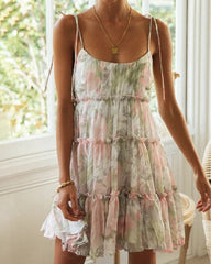 Floral Print Shirred Waist Ruffle Hem Self Tie Smock Dress