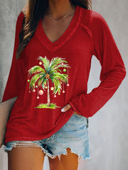 Casual Christmas Palm Tree Print Long Sleeve T-Shirt