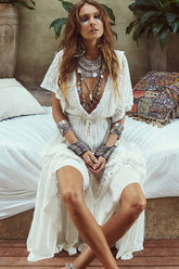 Pleated Splicing Lace Beach Cover Up Maxi Dress