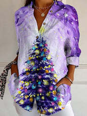 Glitter Christmas Art Print Casual Cotton Shirt