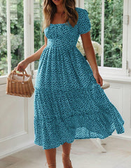 Disty Floral Square Neck Puff Sleeve Midi A-Line Dresses