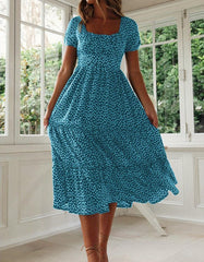 Disty Floral Square Neck Puff Sleeve Midi A-Line Dresses