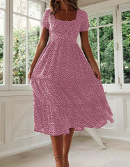 Disty Floral Square Neck Puff Sleeve Midi A-Line Dresses