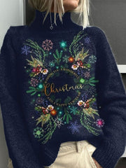 Christmas Wreath Art Print Knit Turtleneck Pullover Sweater