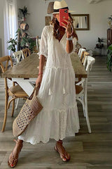 Eyelet Embroidery Tassel Detail Ruffle Hem Dress
