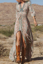 Blue Boho Style Floral Chiffon Maxi Dress