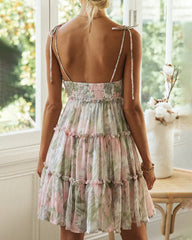 Floral Print Shirred Waist Ruffle Hem Self Tie Smock Dress