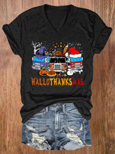 Casual Happy Hallothankmas Print Short Sleeve T-Shirt