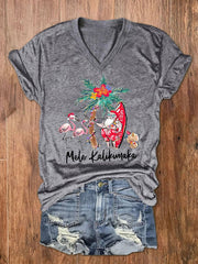 Mele Kalikimaka Hawaii Christmas Print V-Neck T-Shirt