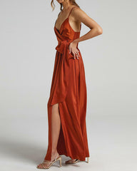 Satin Split Thigh Belted Wrap Cami Dress