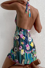 Floral Print Halter Backless Mini Dress
