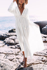 White Plunge Lace Drawstring Boho Beach Cover Up Maxi Dress
