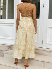 Yellow V-Neck Lace Up Printed Beach Maxi Summer Dress