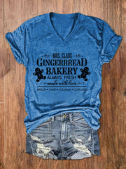 Mrs Claus Gingerbread Bakery Christmas Cookies Print V-Neck T-Shirt