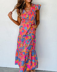 Floral Flutter Sleeve Smocked Maxi Dress