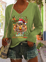 Happy Hallothanksmas Print Long Sleeve V-Neck T-Shirt