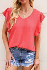 Fluttery Sleeve Textured V-Neck Top