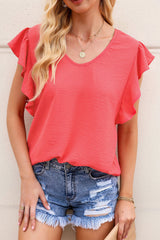 Fluttery Sleeve Textured V-Neck Top