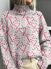 Pink Christmas Candy Art Print Knit Turtleneck Pullover Sweater