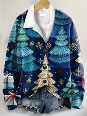 Christmas Tree Art Print Buttoned V-neck Cardigan Sweater