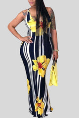 Stripe Floral Print Criss Cross Back Maxi Dress