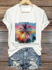 Christmas Palm Tree Print V-Neck T-Shirt