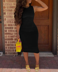 Sleeveless Plain O Neck Midi Dress