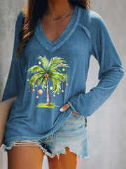 Casual Christmas Palm Tree Print Long Sleeve T-Shirt