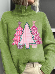 Christmas Tree Print Knitted Turtleneck Pullover