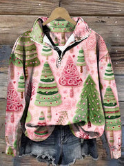 Pink Christmas Tree Print Zipper Lapel Sweatshirt