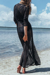 Black Boho Sheer Lace Long Sexy Beach Cover Up Dress