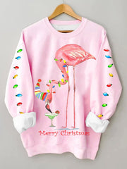 Merry Christmas Flamingo Fun Print Casual Sweatshirt